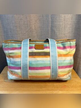 Coach Pastel Multicolor Striped Canvas Tote with Light Blue Handles